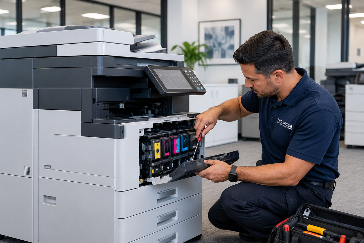 Prestige Office Solutions technician servicing an office copier