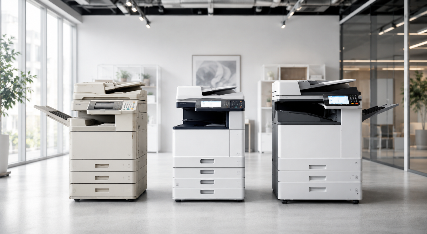 Business copier comparison showing used, refurbished, and off-lease multifunction office copiers in a professional office setting