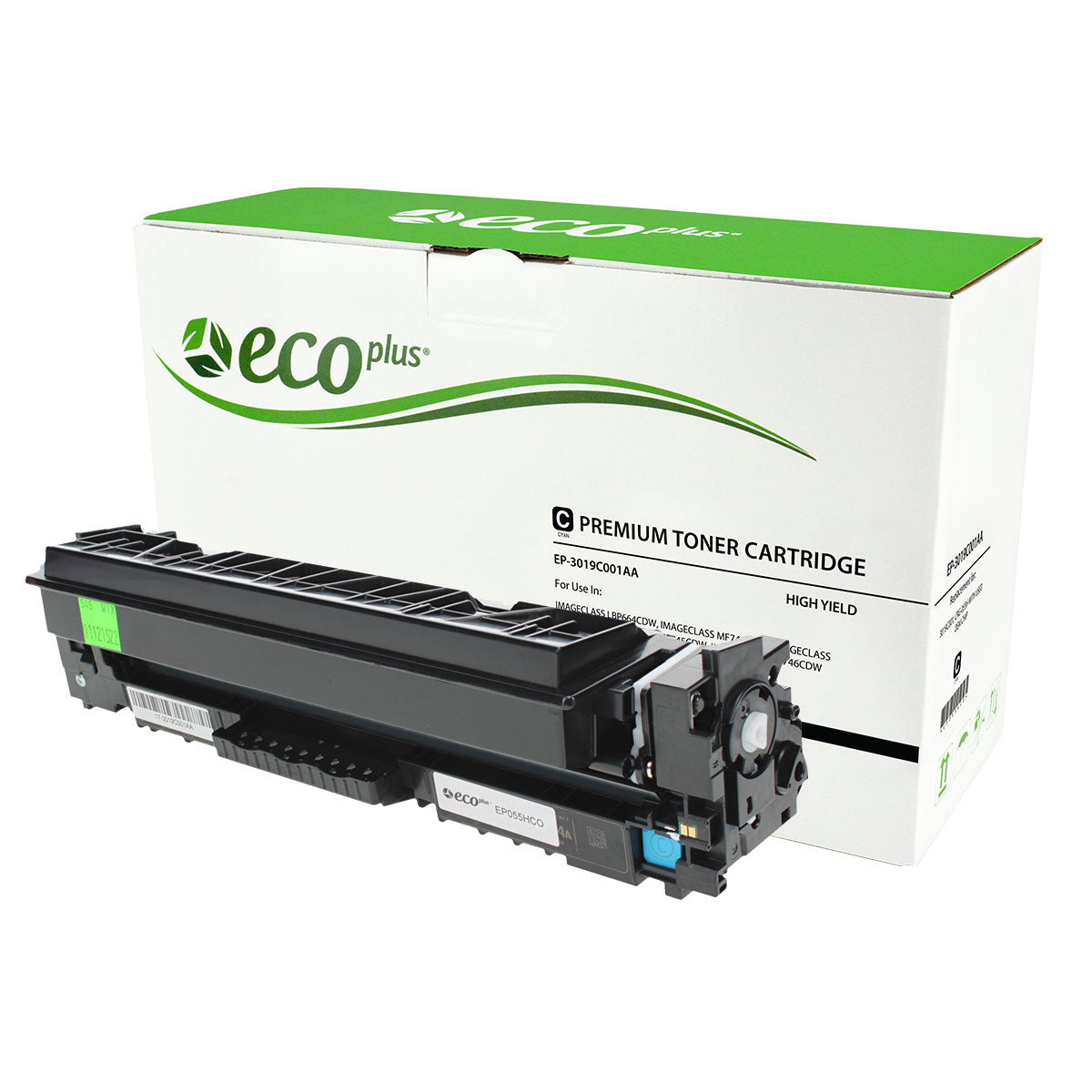 Compatible ECOPlus Cyan Toner Cartridge for Canon IMAGECLASS LBP664CDW / IMAGECLASS MF741CDW + More 5.9K High Yield TAA Used OEM Chip (3019C001 / CRG-055H)
