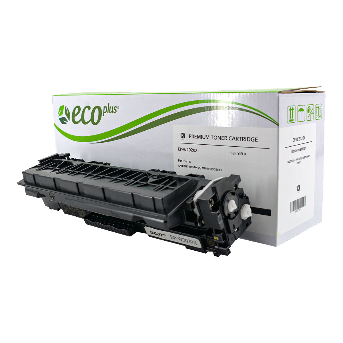 Compatible ECOPlus Black Toner Cartridge for HP COLOR LJ PRO M454DN / COLOR LJ PRO M454DW + More 7.5K High Yield Used OEM Chip (W2020X / 414X)