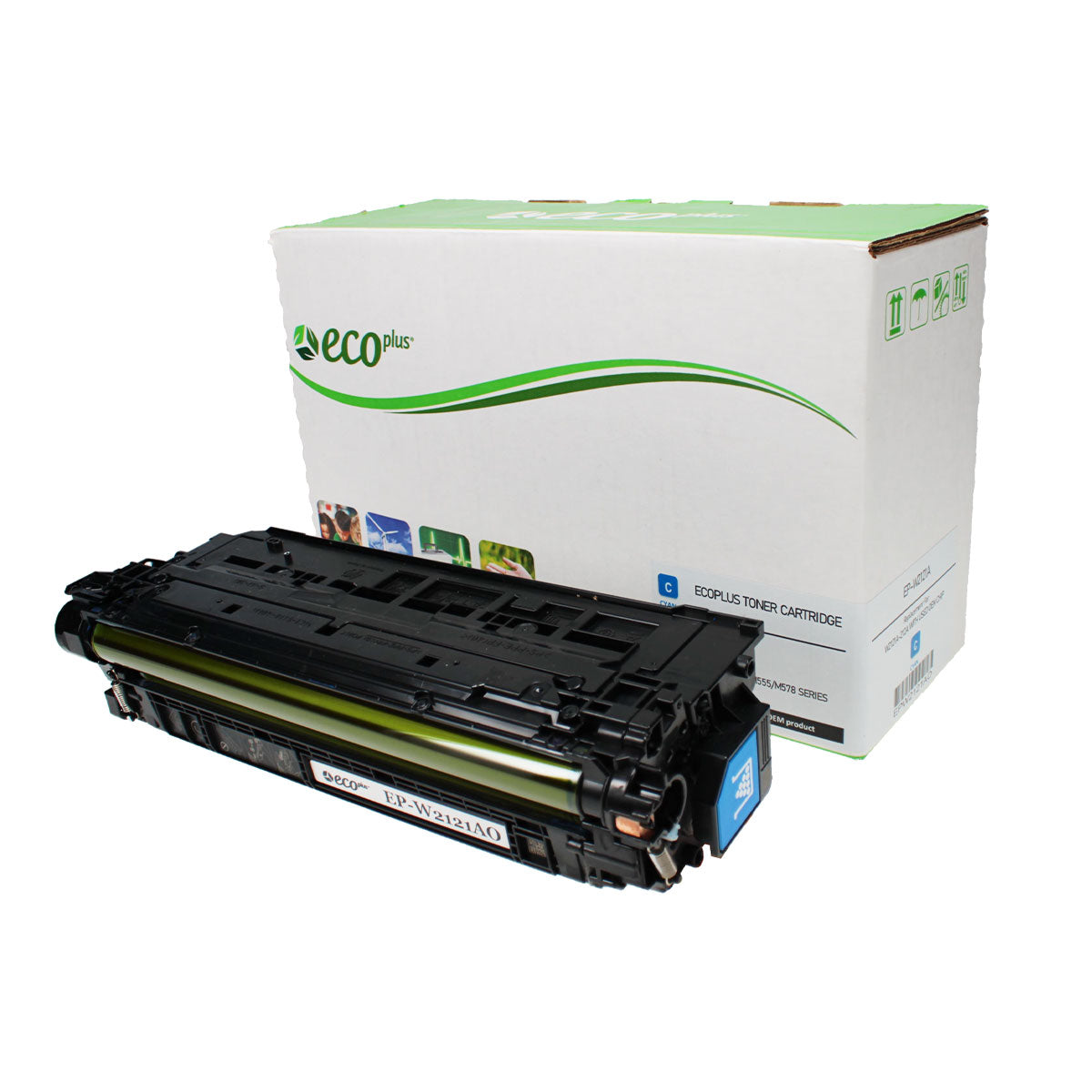Compatible ECOPlus Cyan Toner Cartridge for HP LJ ENTERPRISE M554 / LJ ENTERPRISE M554DN + More 4.5K Yield TAA Used OEM Chip (W2121A / 212A)