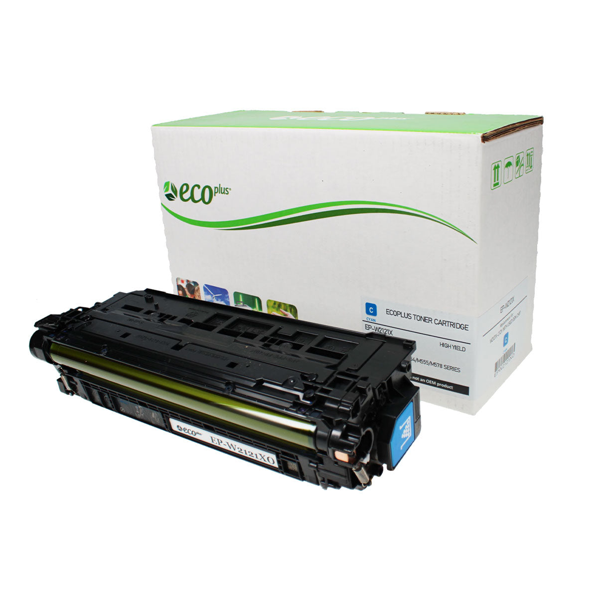 Compatible ECOPlus Cyan Toner Cartridge for HP LJ ENTERPRISE M554 / LJ ENTERPRISE M554DN + More 10K High Yield TAA Used OEM Chip (W2121X / 212X)