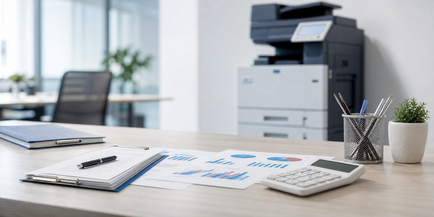 Copier leasing paperwork and calculator in a professional office