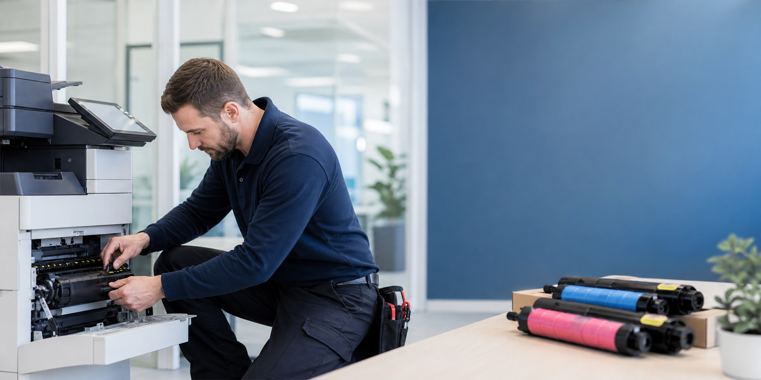 Technician servicing an office copier with toner supplies nearby