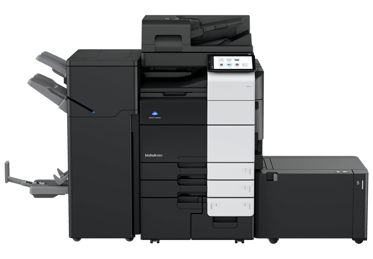 Konica Minolta bizhub 850i/950i series configuration example, shown with optional finisher and paper feed unit; pictured model is 950i