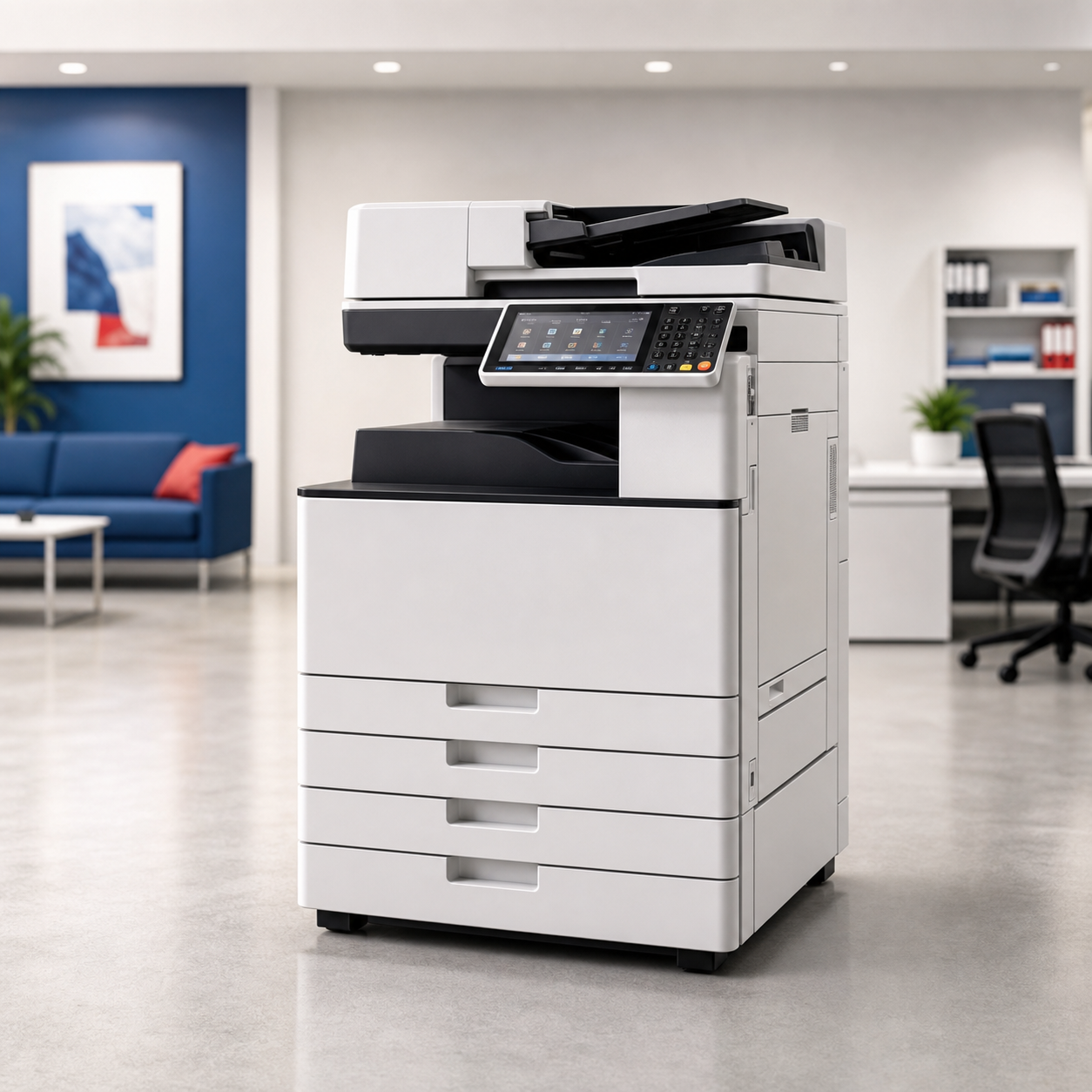 Modern office copier in a clean showroom setting
