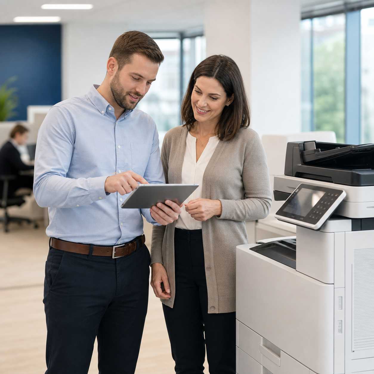 Business customer getting copier buying advice from an office equipment specialist