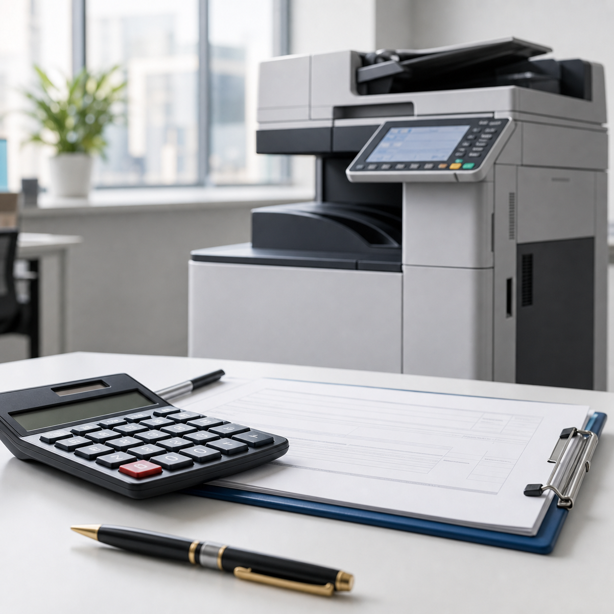 Copier leasing paperwork and calculator on an office desk