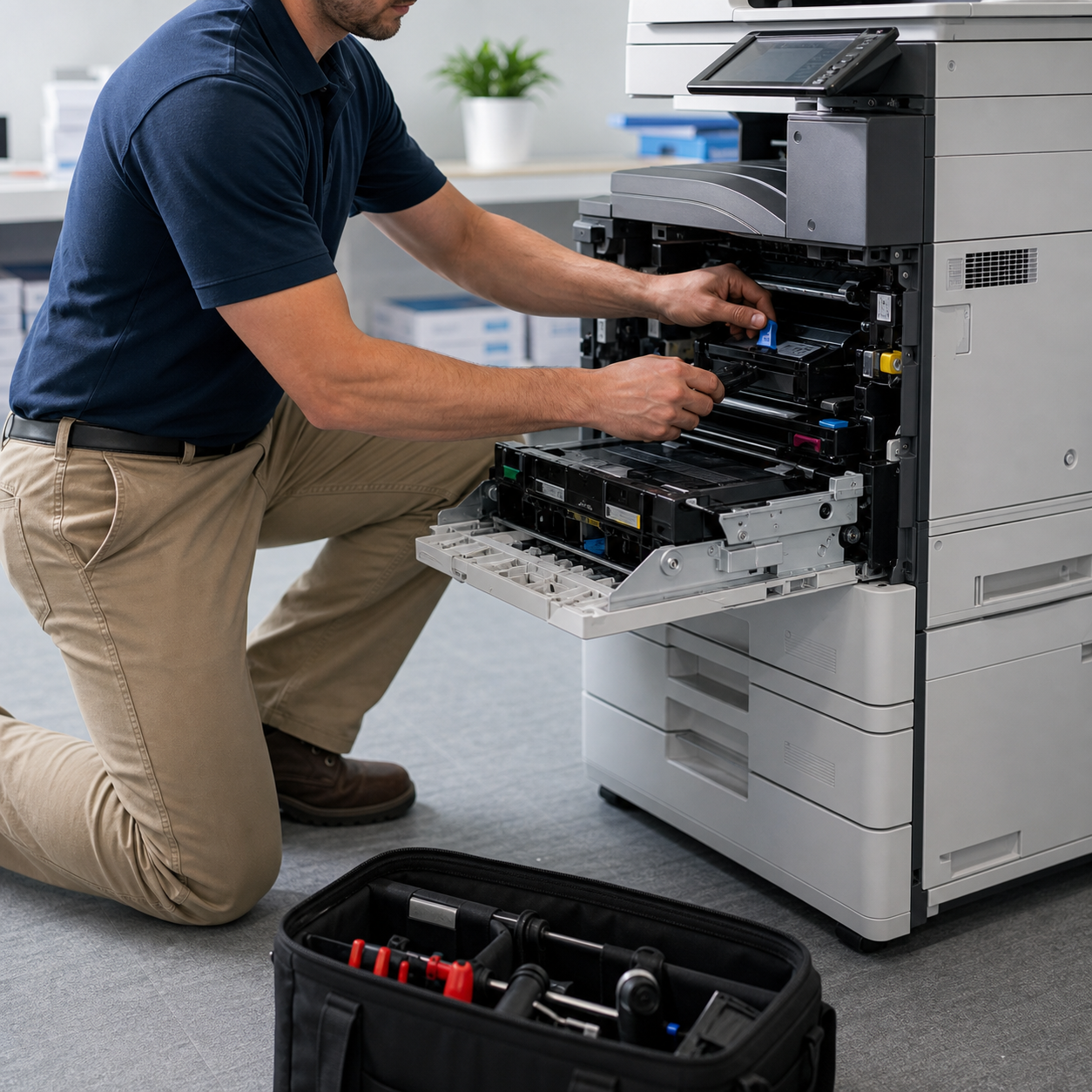 Technician servicing an office copier for a business customer