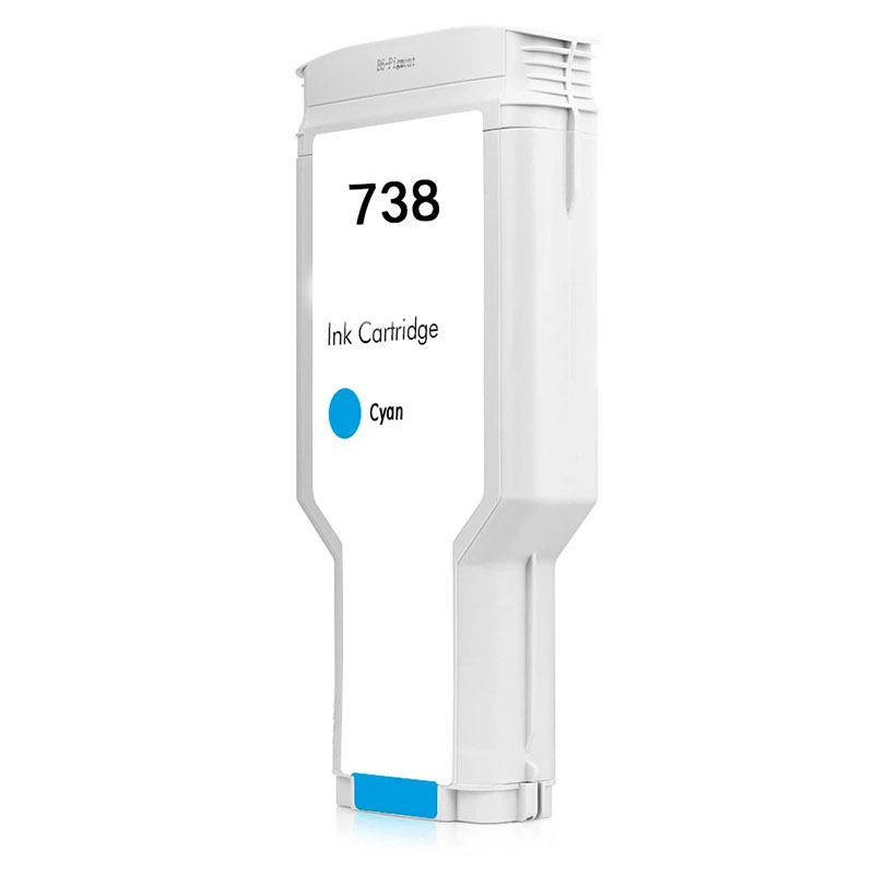 Reference photo: Remanufactured HP 738 (676M6A) Wide Format, Cyan, 300 ML. Supplier labels and packaging may vary.