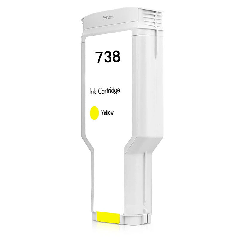 Reference photo: Remanufactured HP 738 (676M8A) Wide Format, Yellow, 300 ML. Supplier labels and packaging may vary.