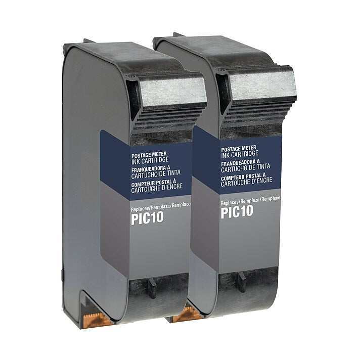 Reference photo: FP PIC10 fluorescent-red postage ink, two cartridges. Supplier labels and packaging may vary.
