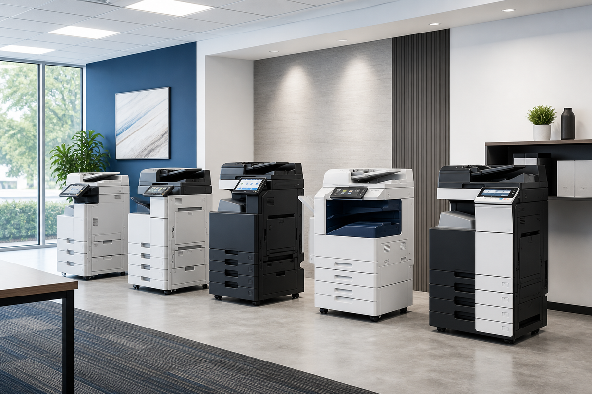 Office copier showroom with multiple multifunction copiers for business buyers